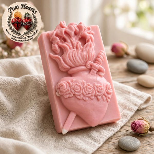 Pink handcrafted soap shaped like a flaming heart with roses and a sword.
