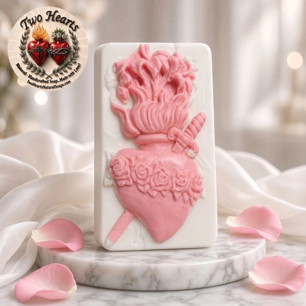 Pink flaming heart soap with rose petals.