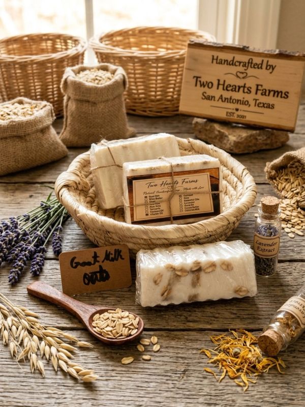 Handcrafted goat milk soap with oats and lavender extract.