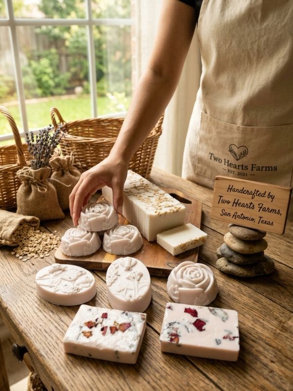 Handcrafted floral soaps and oat bars on a wooden table.