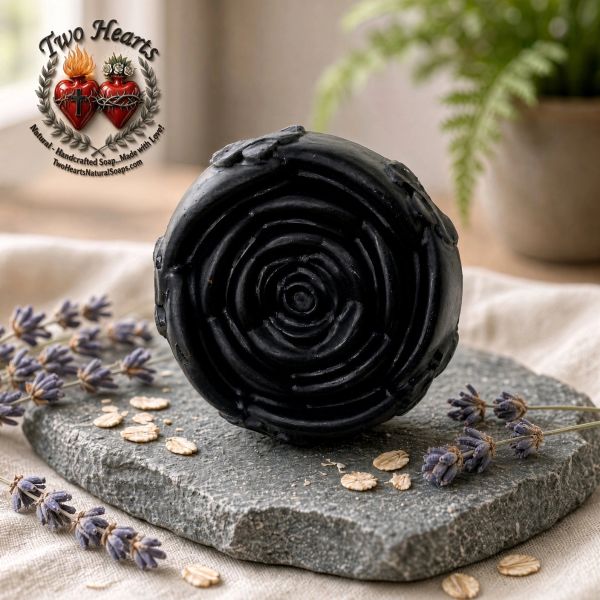 Black handcrafted soap on stone slab with lavender and oats.