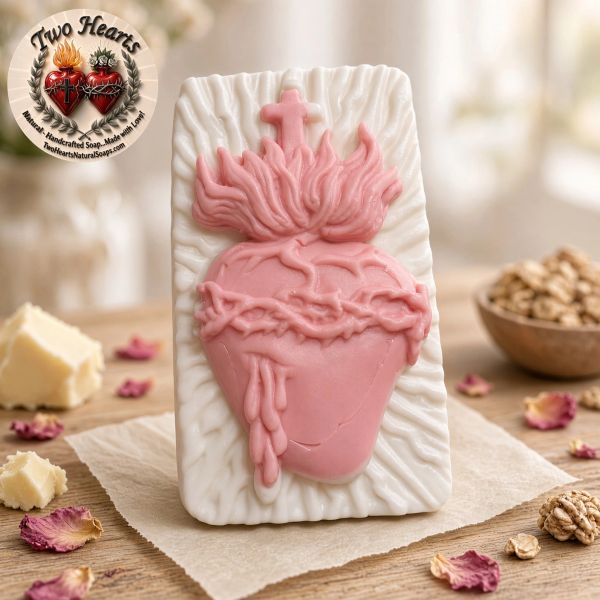 Artistic soap featuring a flaming heart with a cross and crown of thorns.