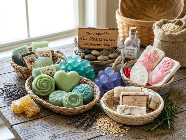 Handcrafted soaps and natural products on a rustic wooden table.