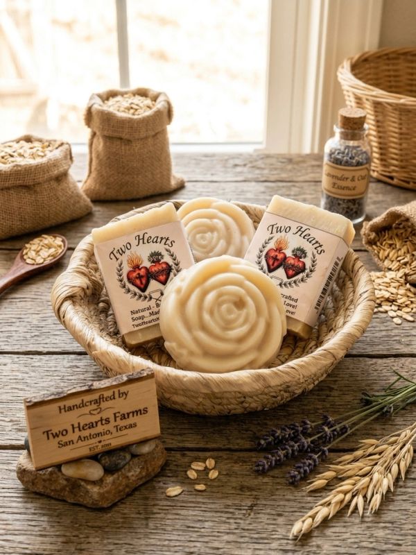 Handcrafted soap bars in a rustic basket.