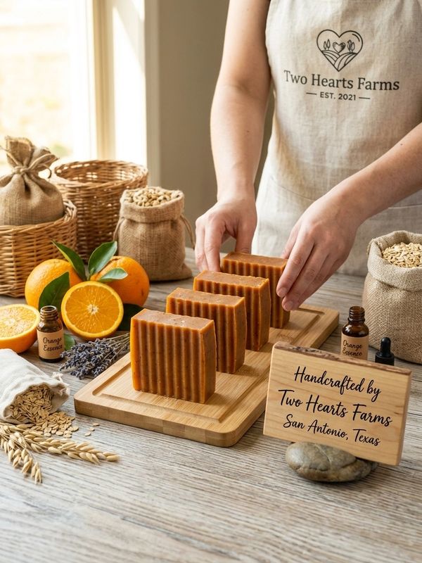 Handcrafted orange soap bars from Two Hearts Farms.