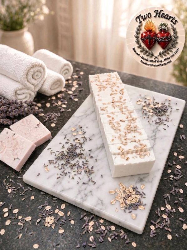 Natural handcrafted soap with oats and lavender on marble board.