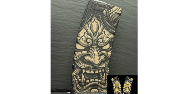 Laser engraved PMAG featuring Oni demon design.