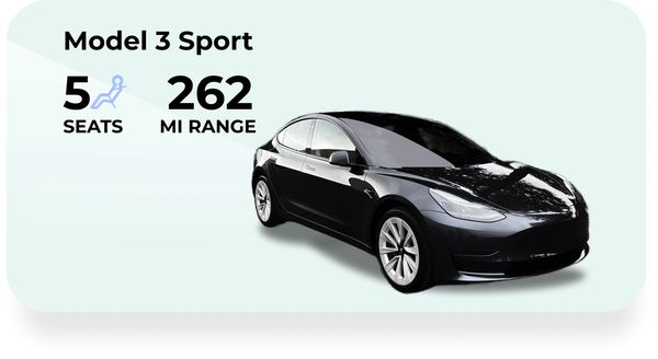 Image of Black Model 3 with 5 seat configuration and 262 mile range