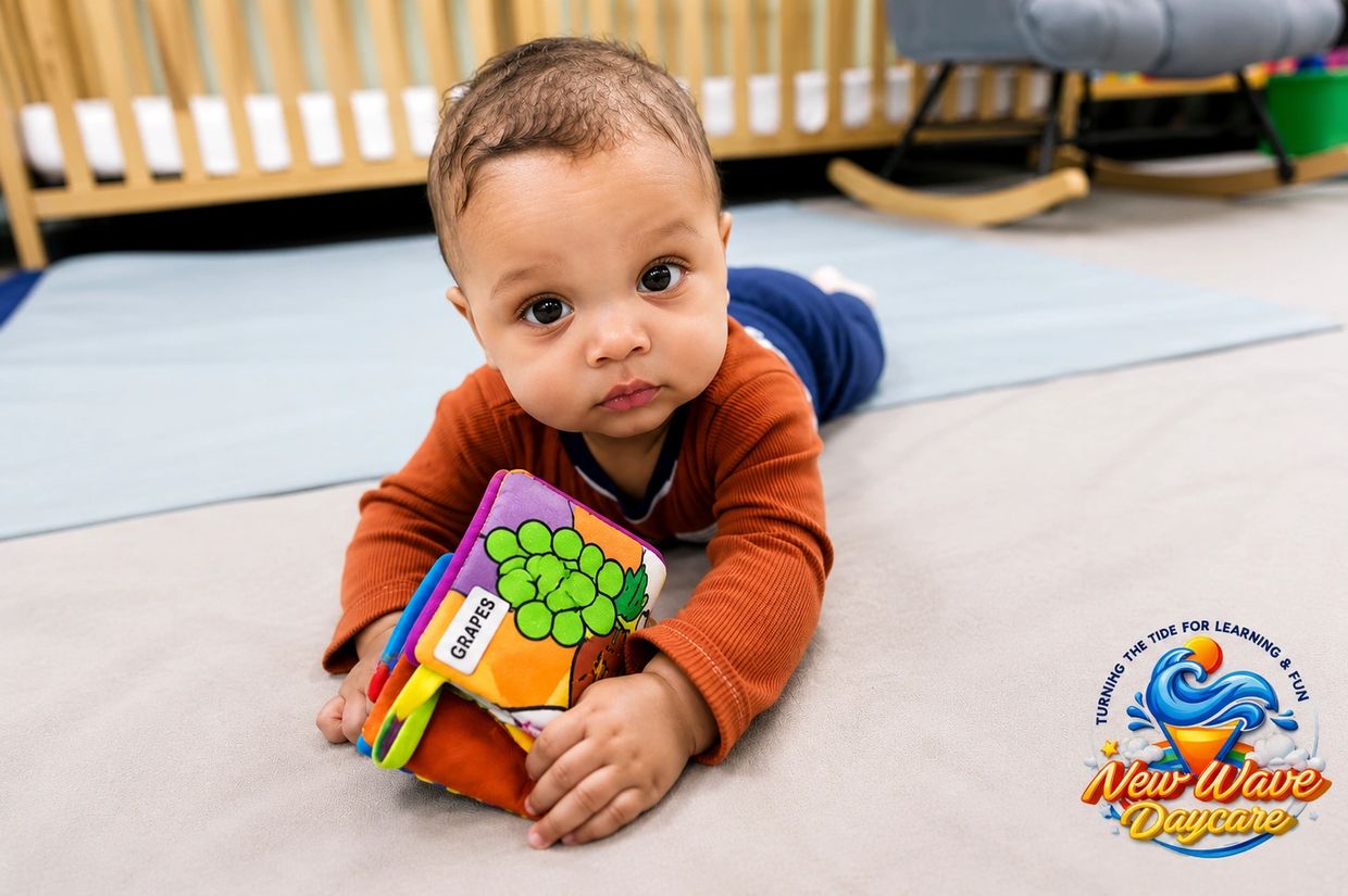 A baby lying on the floor holding a colorful soft book with a daycare logo.
