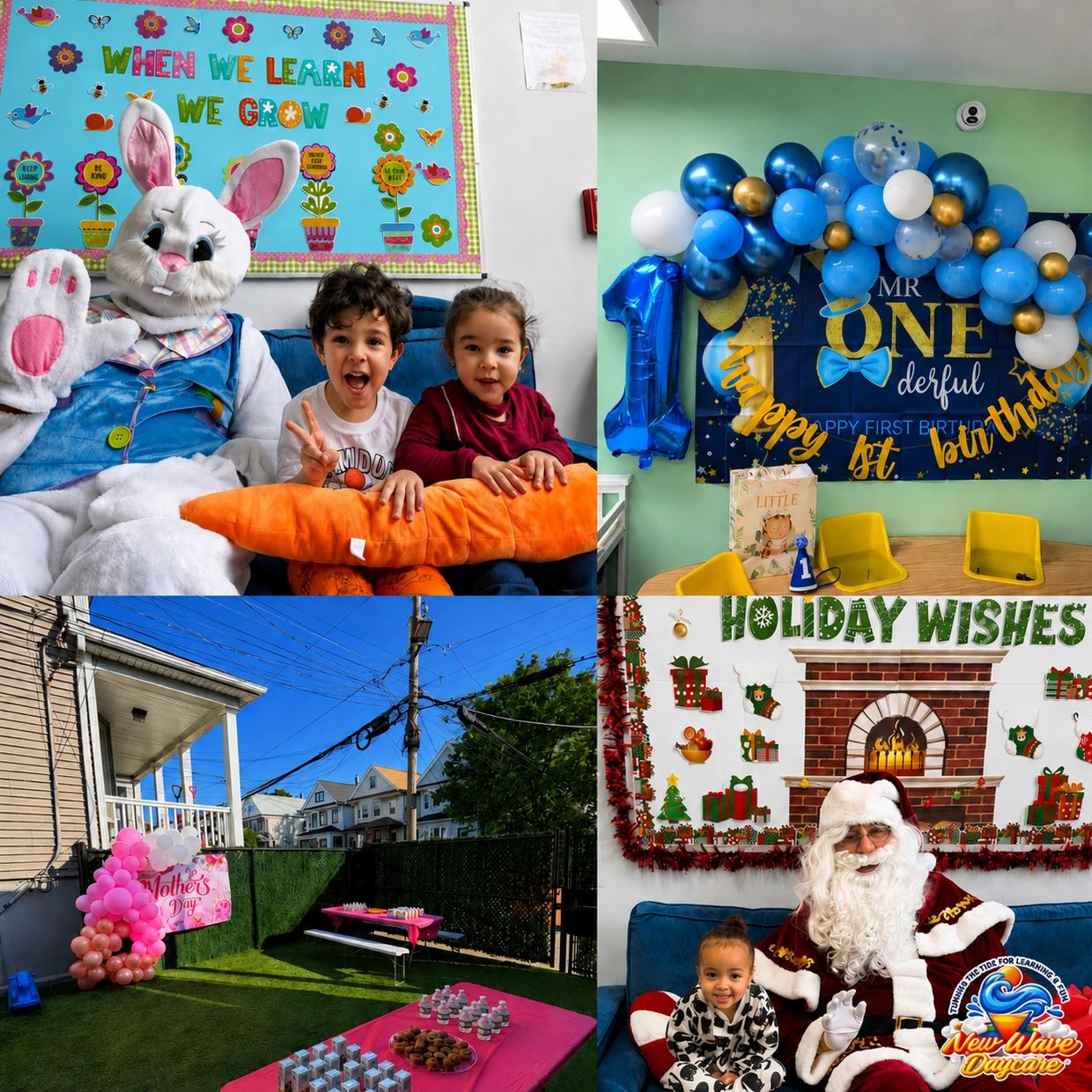 Children enjoying outdoor and indoor festive celebrations at New Wave Daycare center in Bayonne NJ