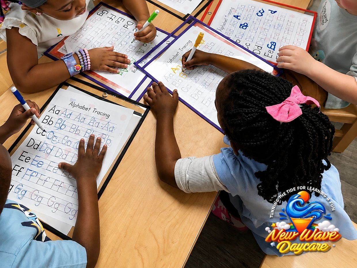 Children practicing alphabet tracing at a New Wave Daycare table in Bayonne NJ