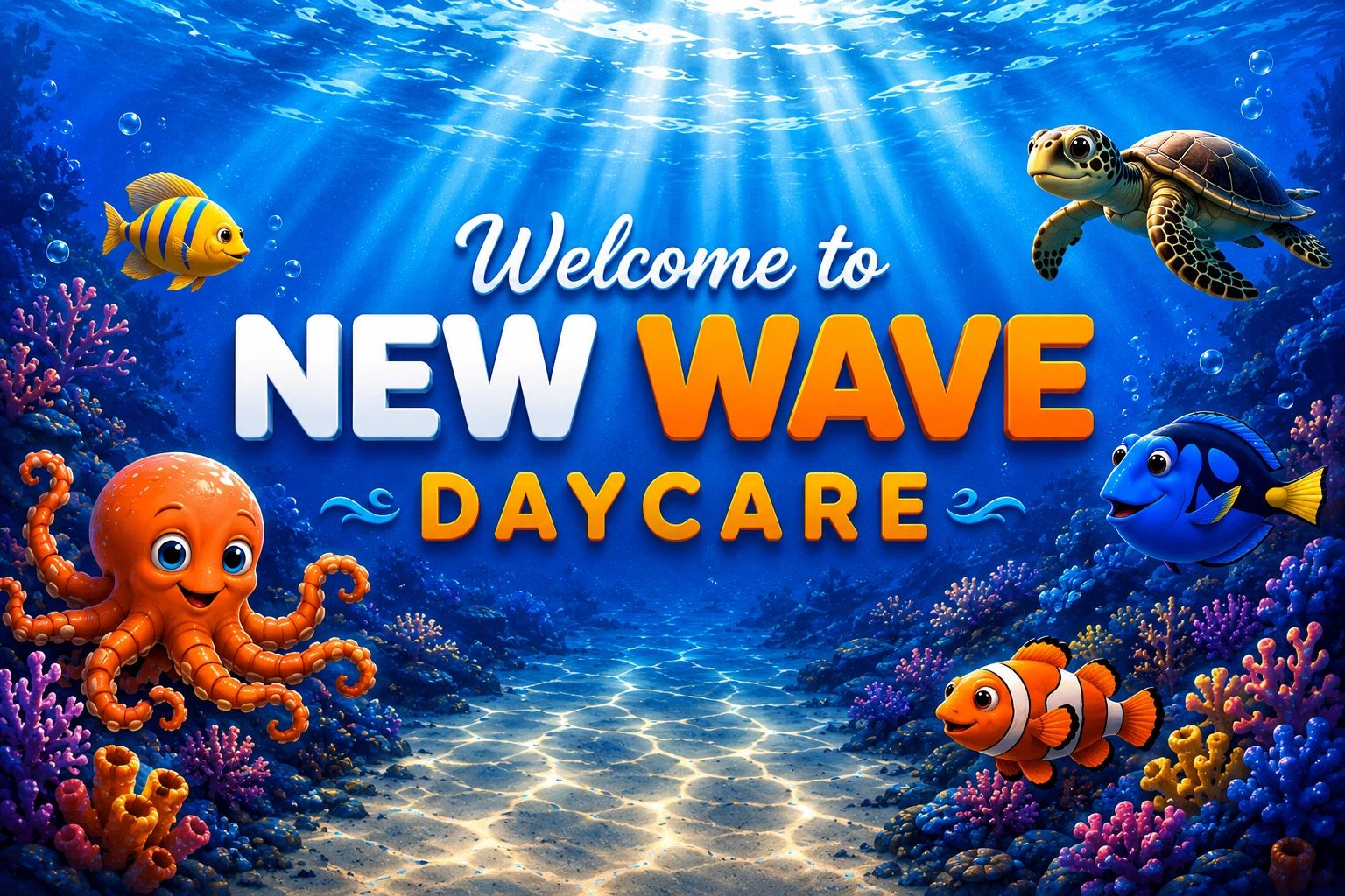 Colorful underwater scene welcoming to New Wave Daycare with friendly sea creatures.