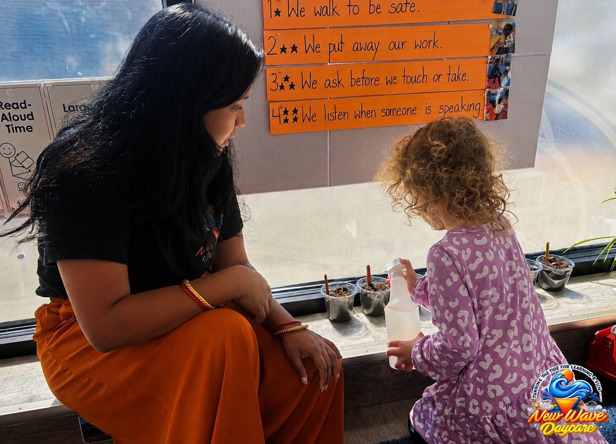 Teacher guiding hands-on preschool learning activity at New Wave Daycare Bayonne NJ