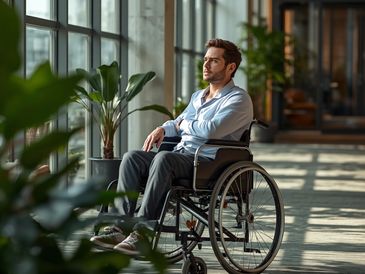 Man in a wheelchair in an office building setting. 