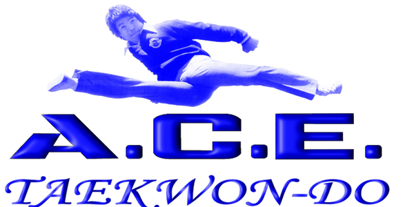 Martial artist performing a high flying kick above "A.C.E. TAEKWON-DO" text.