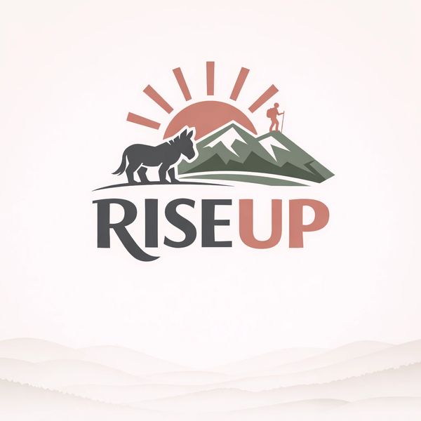 Logo with a donkey, hiker, mountains, and rising sun for 'RISE UP'.