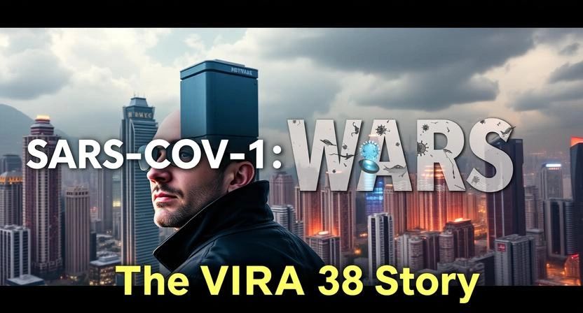 A man with a cityscape background and text about SARS-COV-1 wars.