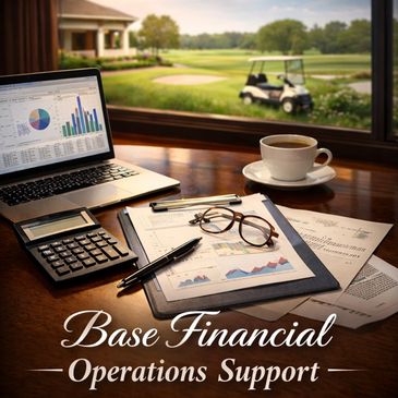 Workspace with financial tools and reports overlooking a golf course.