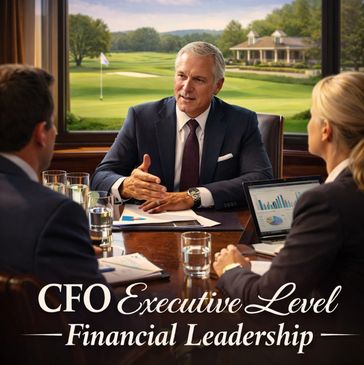 Business executives discuss financial leadership in a boardroom with a golf course view.