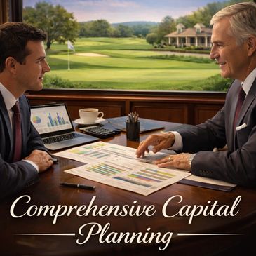Two businessmen discussing financial charts in an office overlooking a golf course.