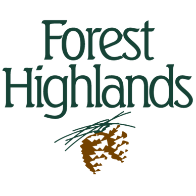 Logo with 'Forest Highlands' text and pine cones illustration.