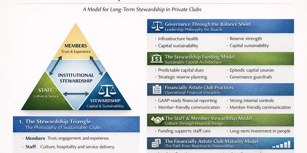 Diagram illustrating a stewardship model for private clubs emphasizing members, staff, and financial governance.