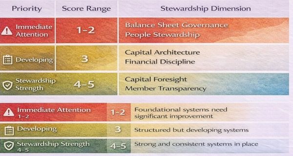 A table showing priority levels, score ranges, and stewardship dimensions for organizational health.