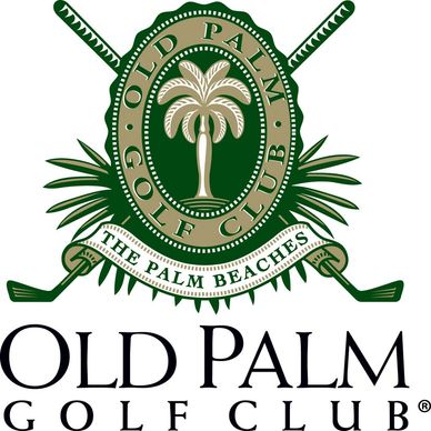 Old Palm Golf Club logo with palm tree and crossed golf clubs.