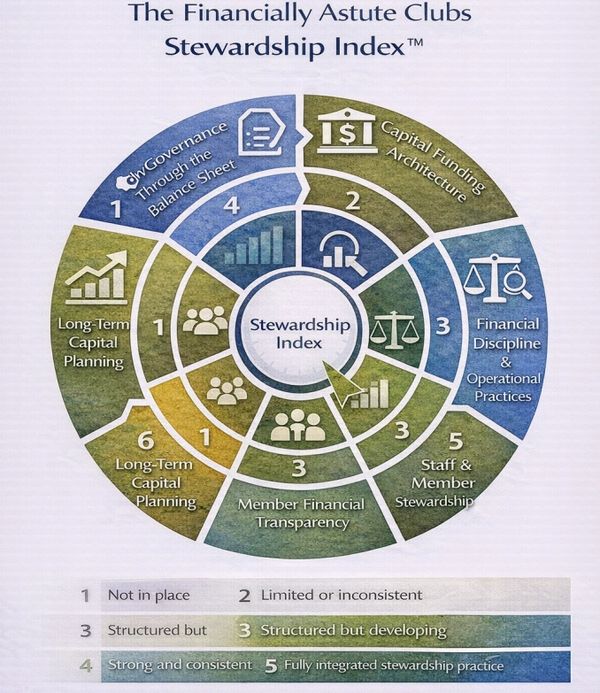 Diagram showing Financially Astute Clubs Stewardship Index with six key areas and a scoring scale.