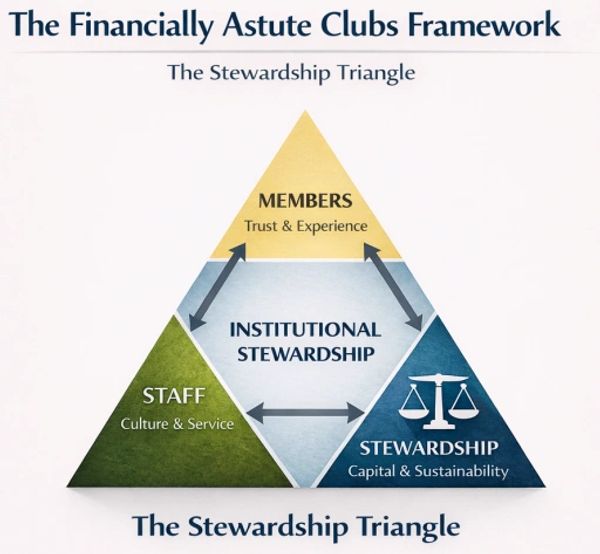 A triangle diagram illustrating the Financially Astute Clubs Framework's Stewardship Triangle.