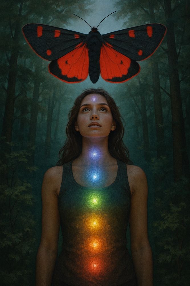 Woman with glowing chakras looks up at a large red and black butterfly in a dark forest.