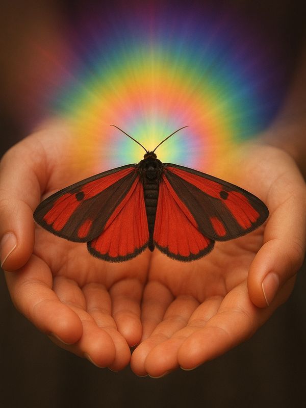 A vibrant red butterfly rests gently in cupped hands with a rainbow halo in the background.