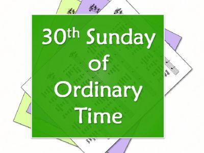 30th Sunday of Ordinary Time announcement on green background.