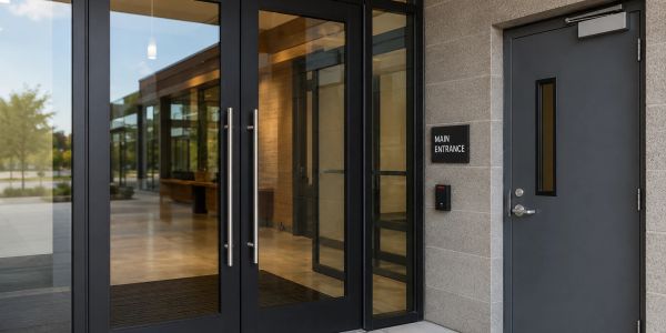 Modern building entrance with glass doors and a labeled main entrance door.