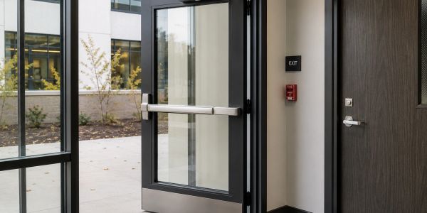 Modern glass exit door with push bar in a building.