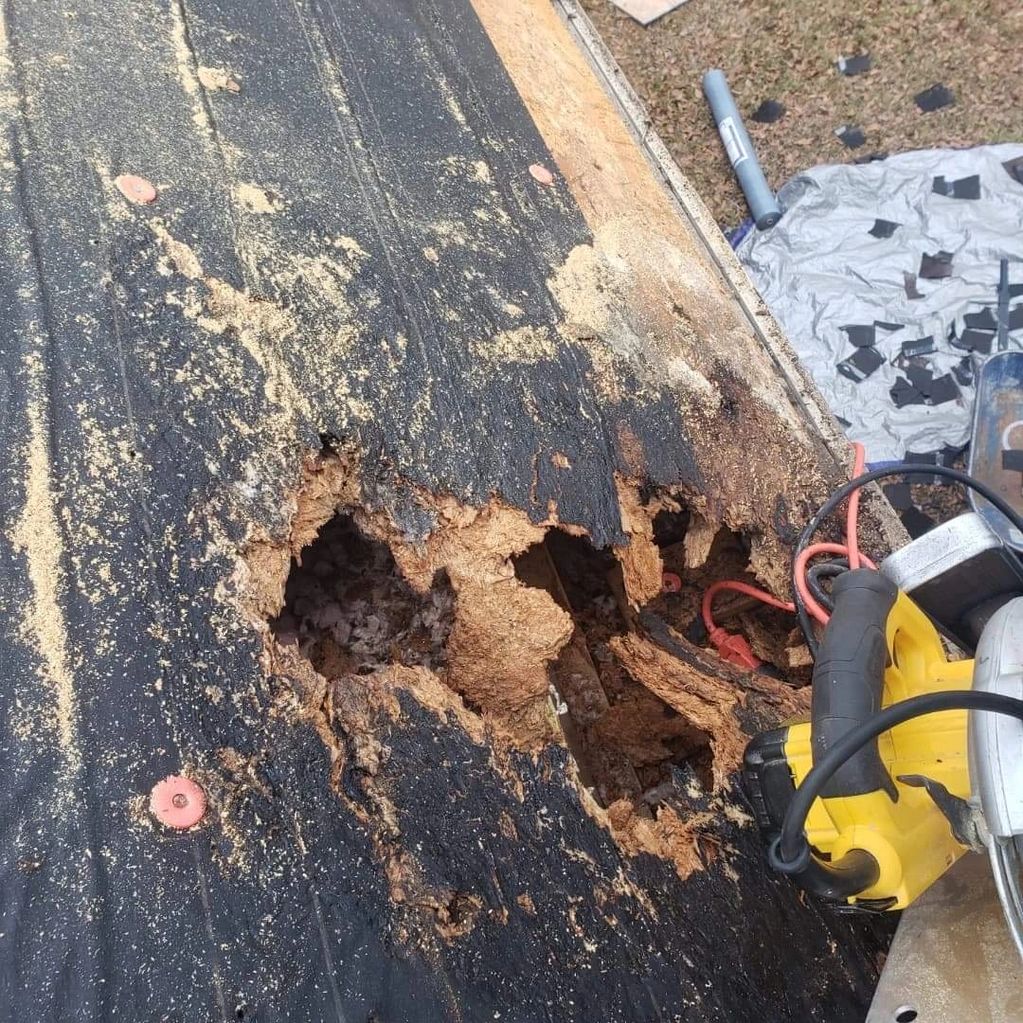 Roof decking with hole caused by water leaking under shingles.