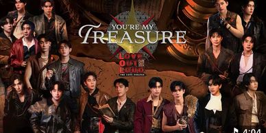 Promotional poster of the K-pop group TREASURE for their album 'Love or Loved Part.2'.