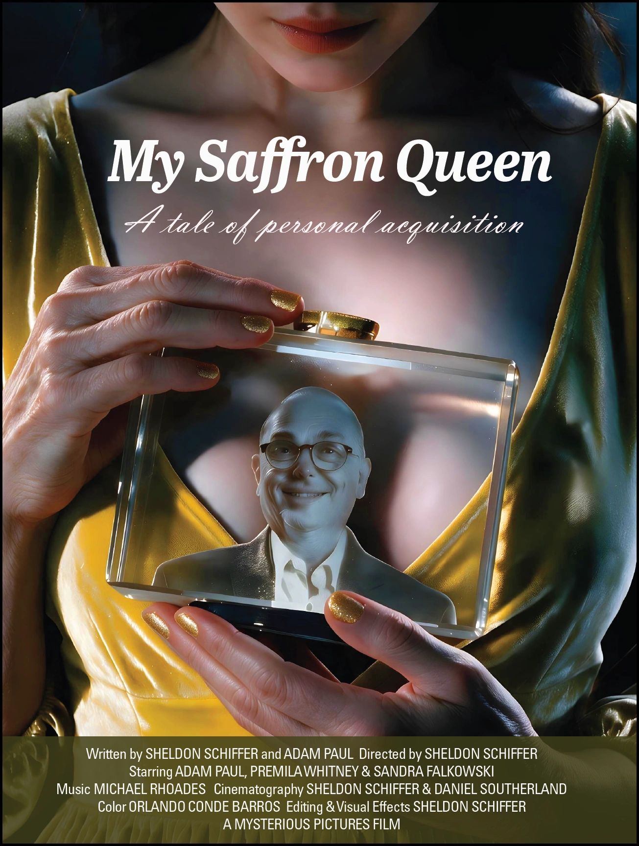 A woman in a golden dress holding a glass box with a smiling man inside.