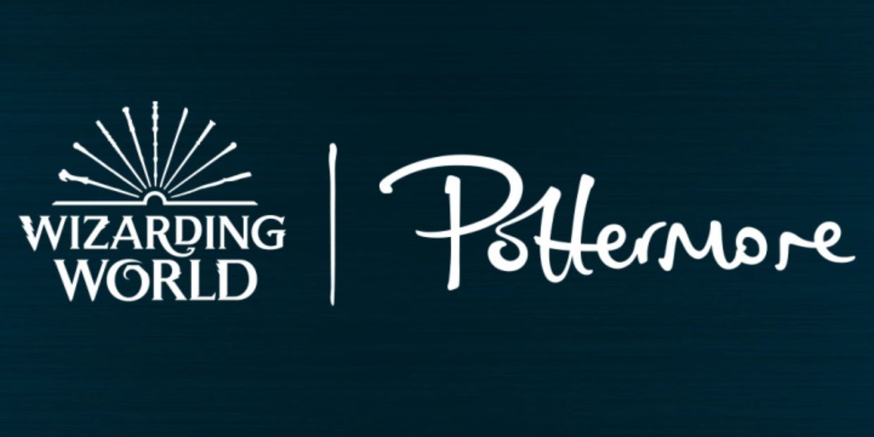 Logo of Wizarding World and Pottermore on a dark background.