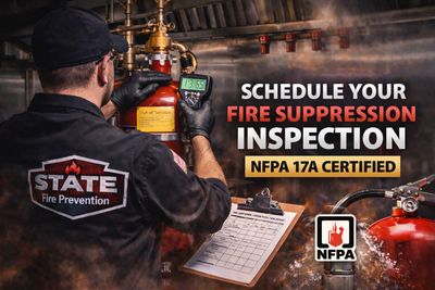 Technician schedules fire suppression inspection, showcasing NFPA 17A certification.