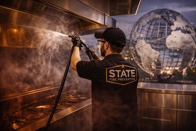 Kitchen exhaust hood cleaning service in Queens NYC with technician cleaning commercial hood