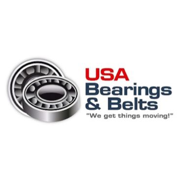 Logo for USA Bearings &amp; Belts with two ball bearings and slogan.