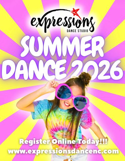 Bright flyer for Expressions Dance Studio's Summer Dance 2026 registration.