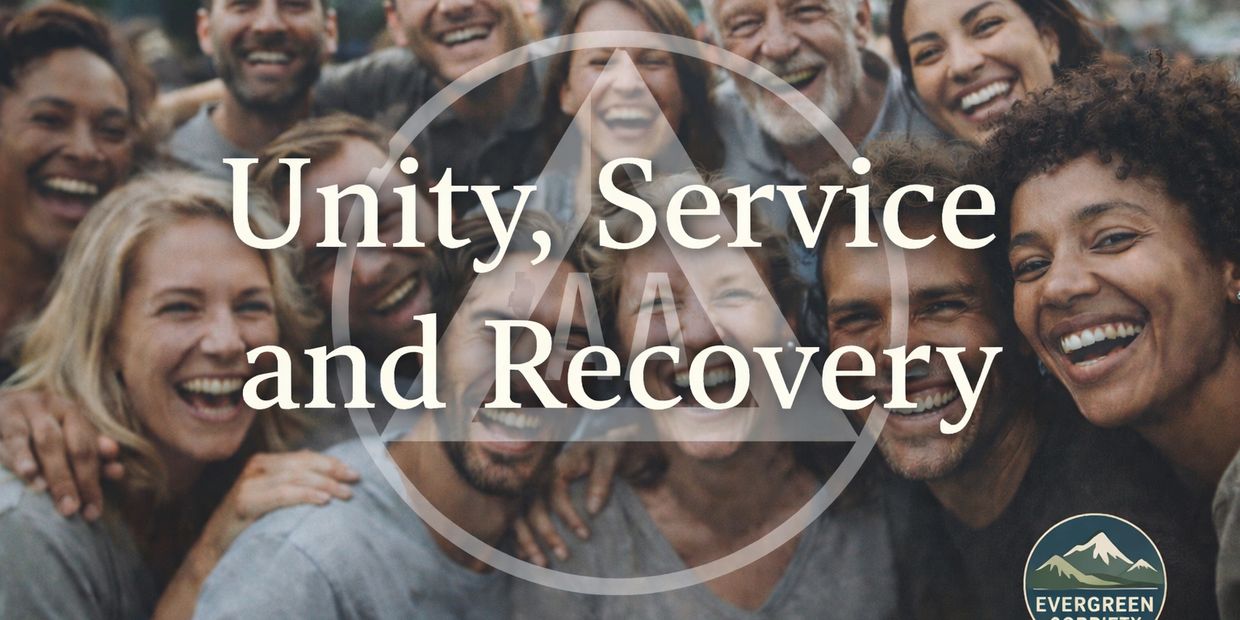 A diverse group smiling together with text about unity, service, and recovery.