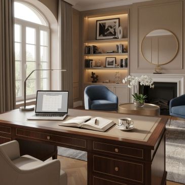 Elegant home office with classic wooden desk and blue chairs.