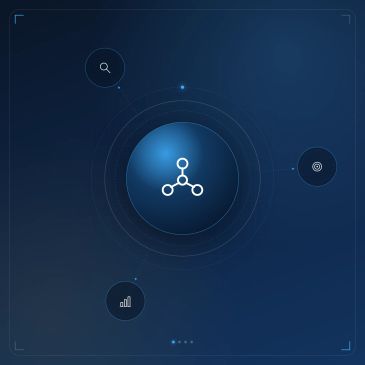 Abstract digital network node icon on blue background.