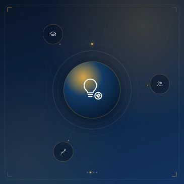 Central light bulb icon surrounded by education, users, and growth icons.
