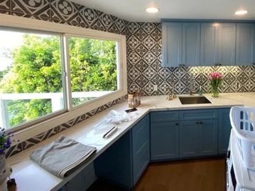 A picture of a blue interior cabinets in the kitchen