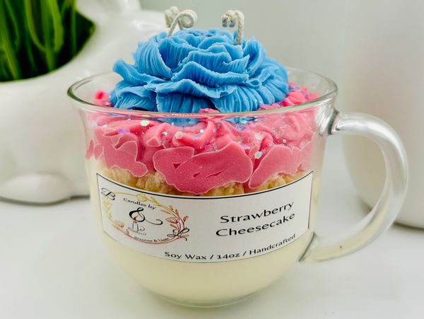 14oz Blue Peony Glass Candle Jar, Strawberry Cheesecake Fragrance.  