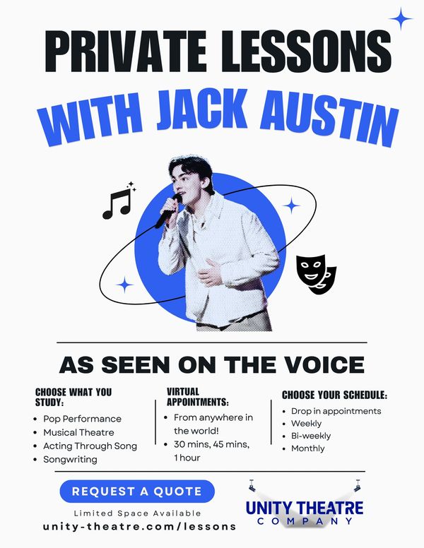 Advertisement for private lessons with Jack Austin, featuring vocal and theatre coaching.